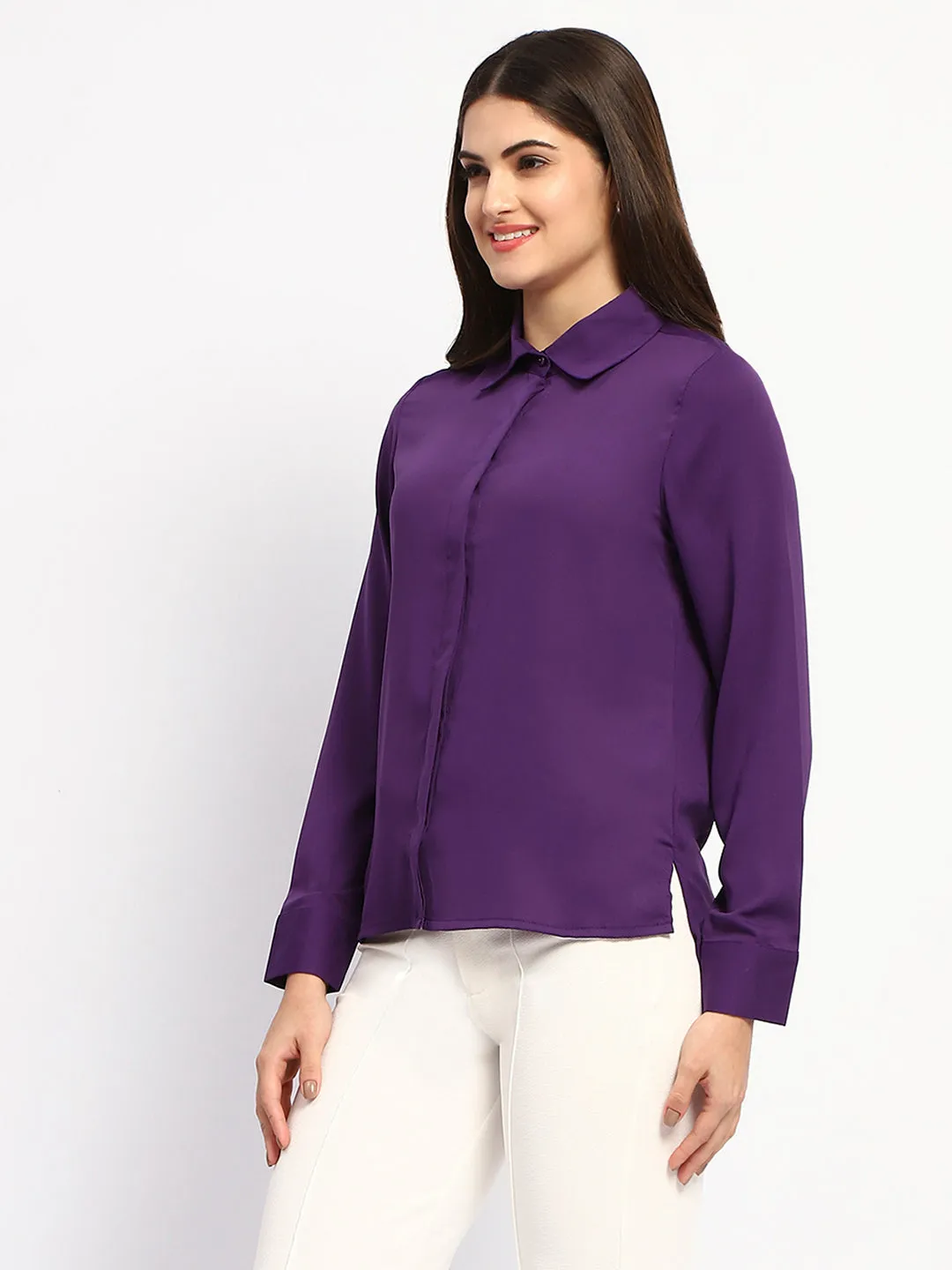 Madame Solid Purple Cuff Sleeve Shirt Moisture wicking