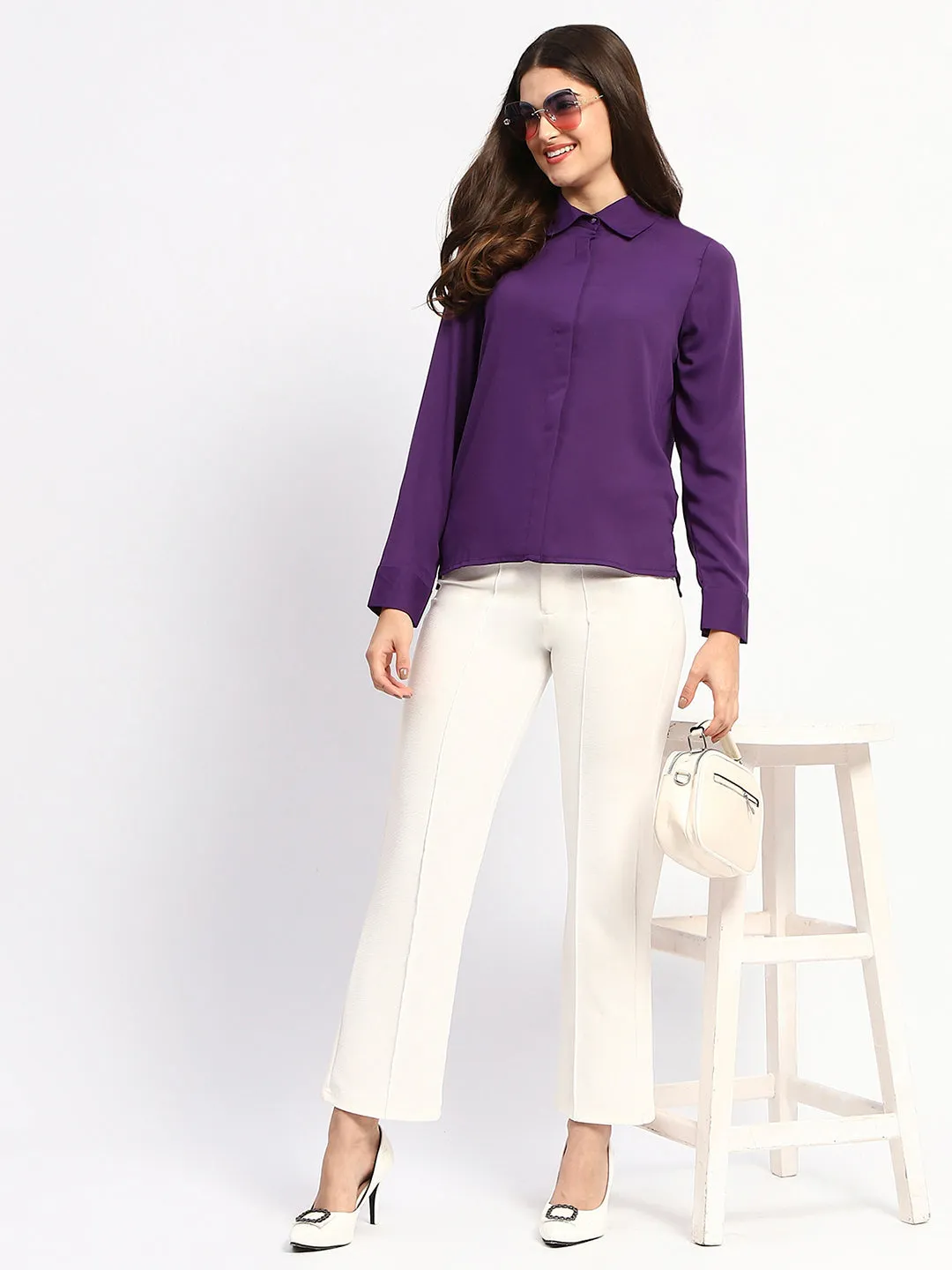 family gathering Madame Solid Purple Cuff Sleeve Shirt