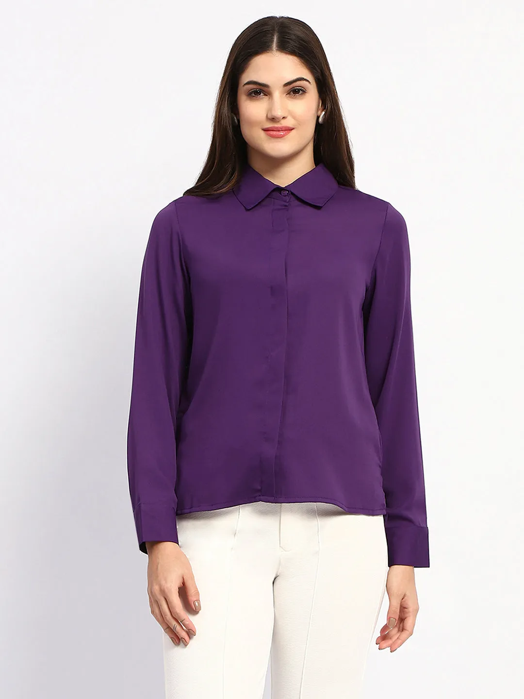 Madame Solid Purple Cuff Sleeve Shirt Active Design