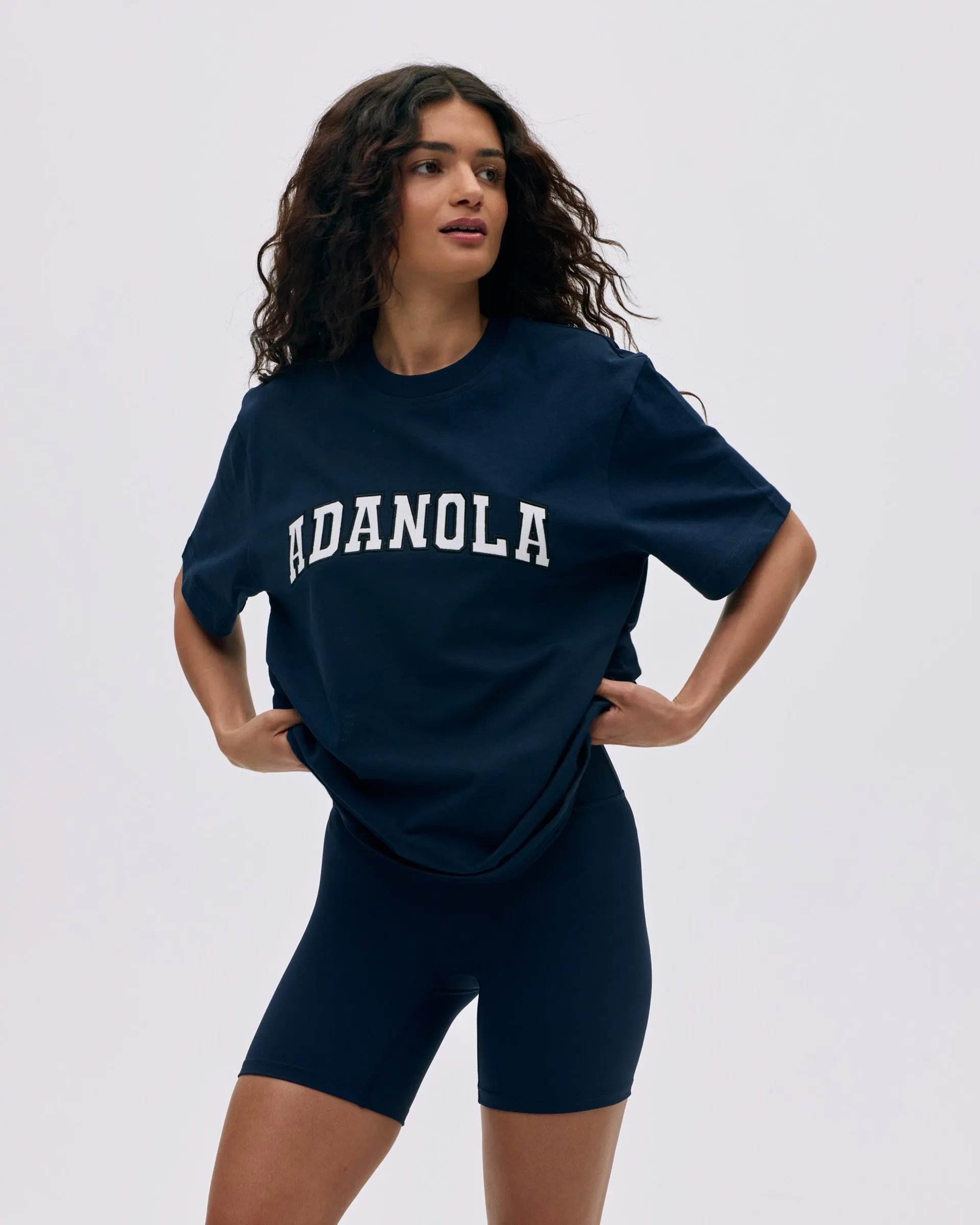 Basic Layer Varsity Short Sleeve Oversized T-shirt - Navy Blue/White
