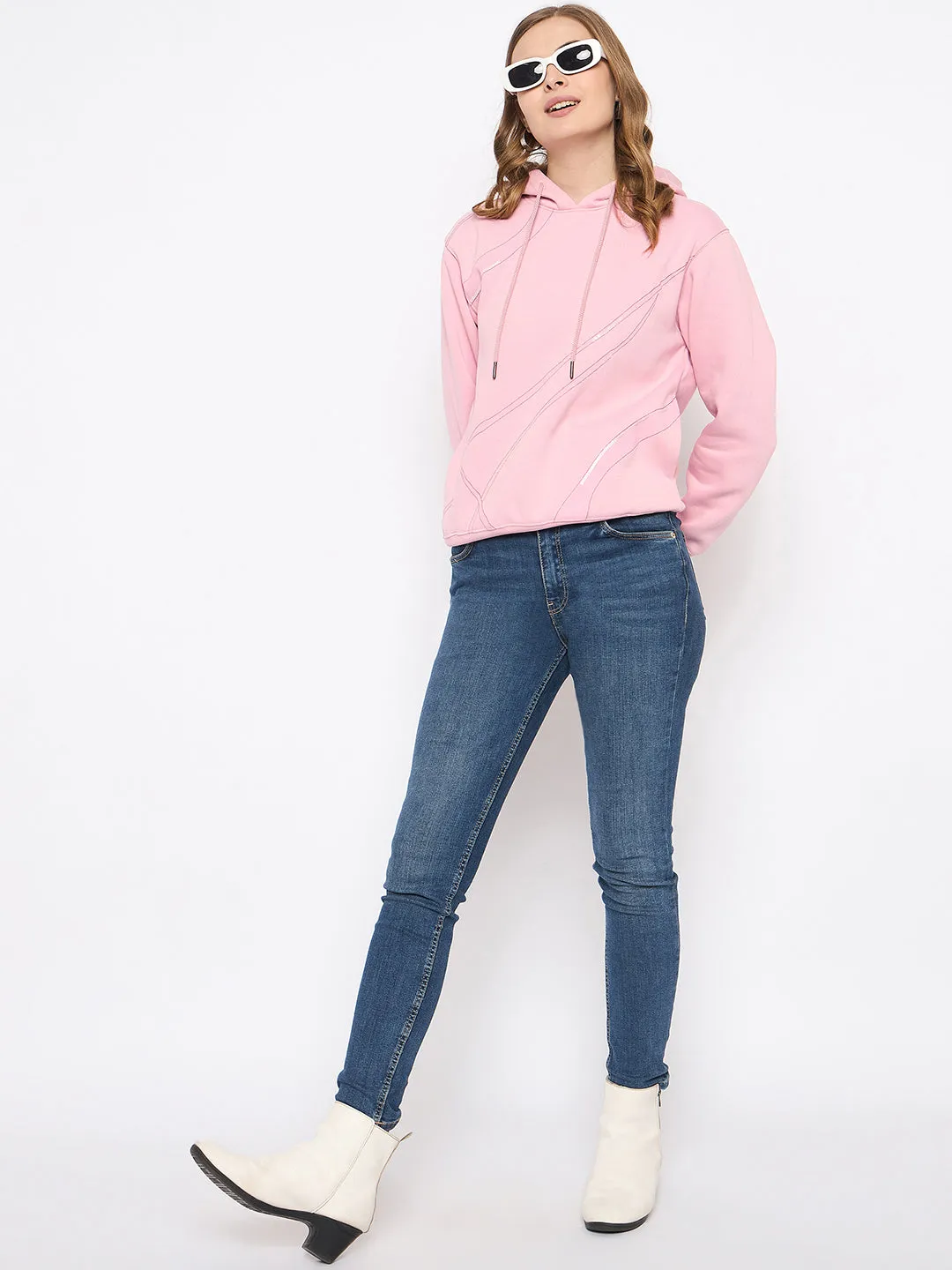 Stylish Comfort Madame Cotton Blend Printed And Handwork Detailed Light Pink Sweatshirt