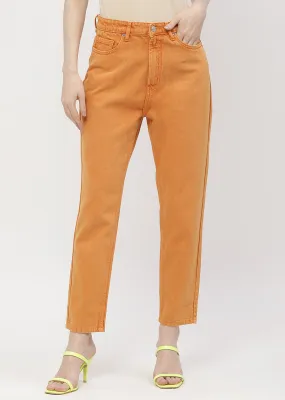 Cropped length Madame Solid Orange Mom Fit Jeans