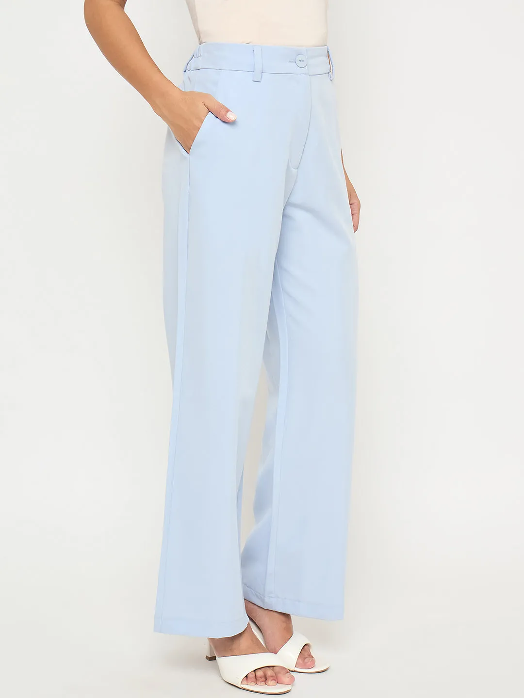 Madame Solid Sky Blue Straight Fit Trousers Rugged Comfort Soft Structure