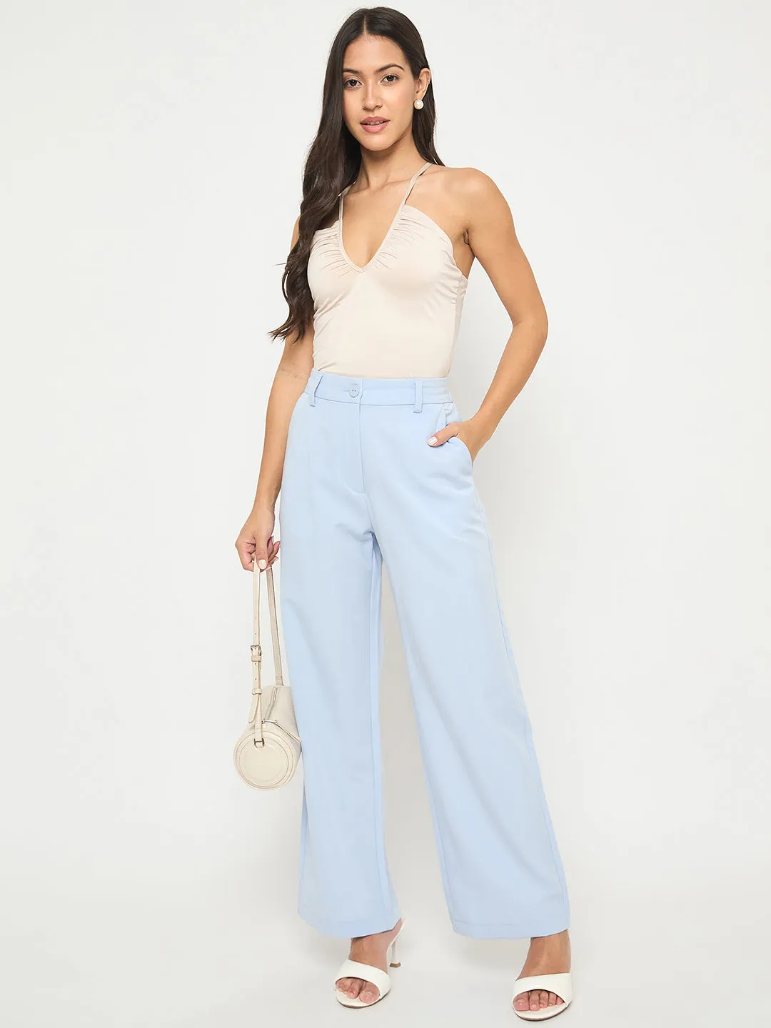 Madame Solid Sky Blue Straight Fit Trousers Casual Design Multi-Purpose Wear