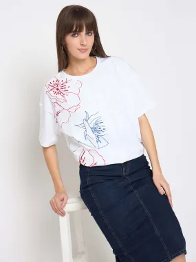 Microfiber Blend Minimal Fashion Madame Printed Handwork Detail White Sinker T-shirt
