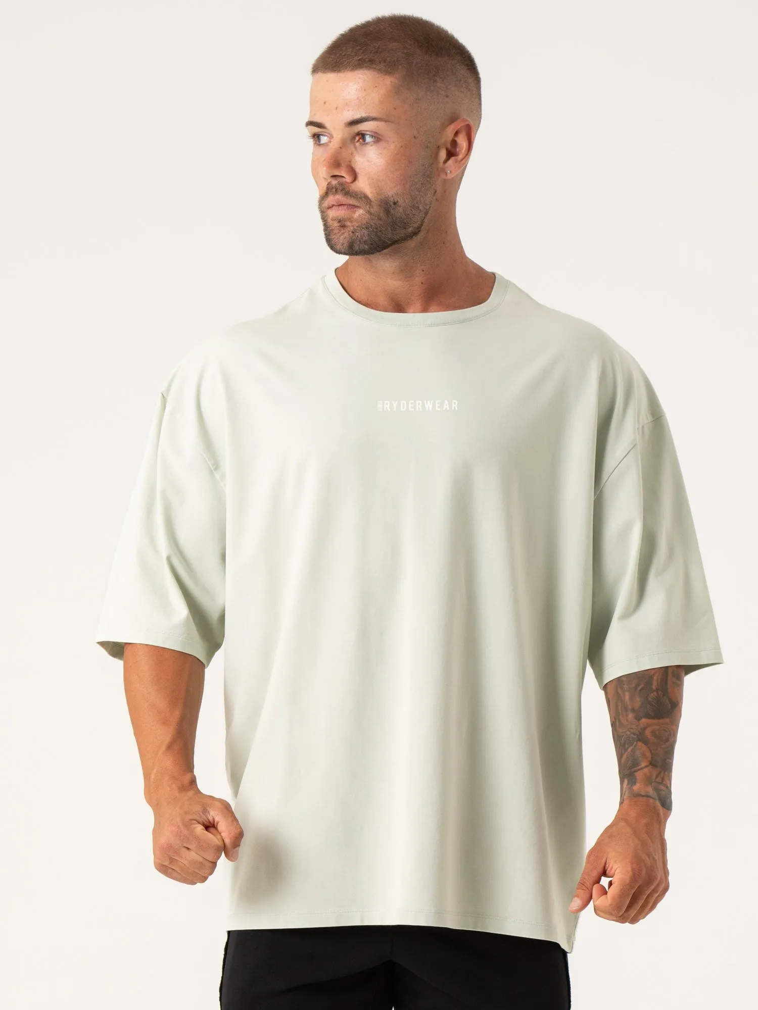 Pursuit Oversized T-Shirt - Spearmint Stonewash Curved Hemline TexturedWeavePattern
