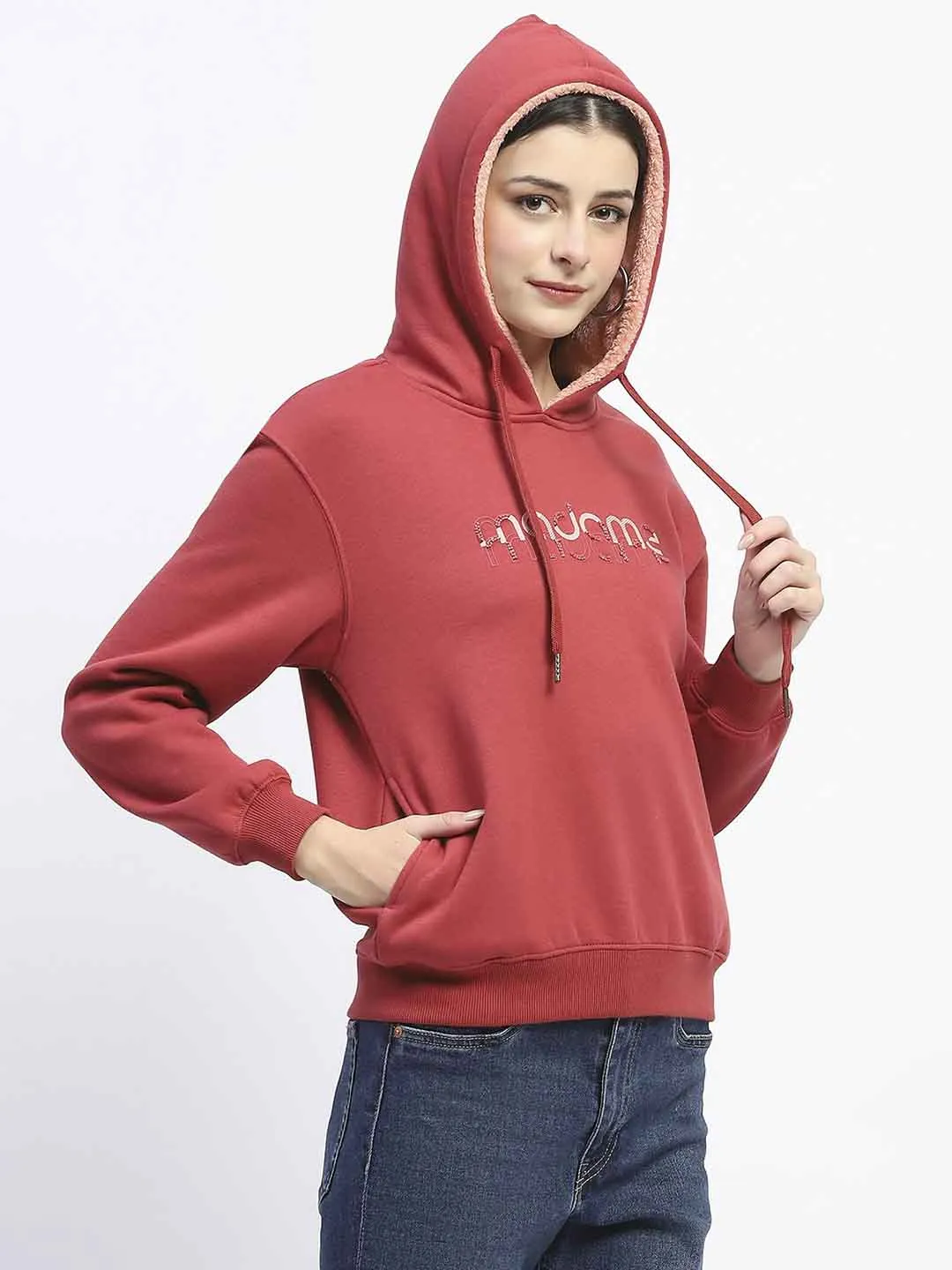 Madame Print And Handwork Red Hooded Sweatshirt Casual Relaxed Street