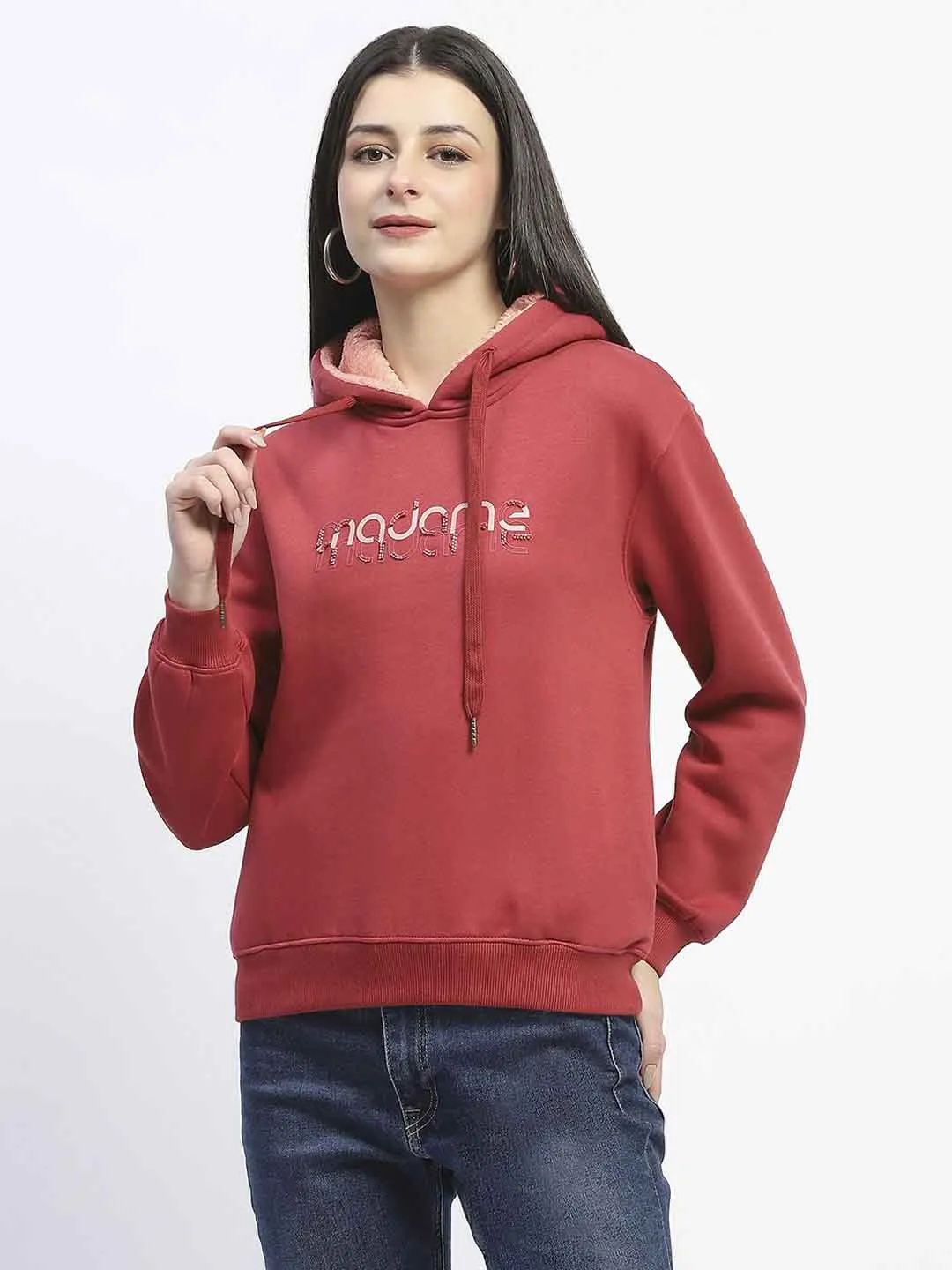 Easy to store Fashion Relaxed Madame Print And Handwork Red Hooded Sweatshirt