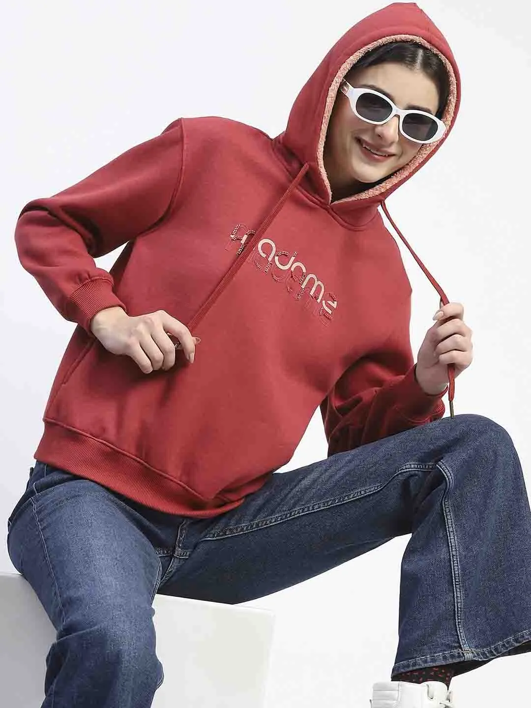 Cozy Wear Lightweight Layer Madame Print And Handwork Red Hooded Sweatshirt