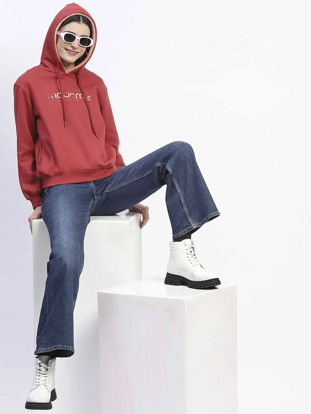 Madame Print And Handwork Red Hooded Sweatshirt Trendy Vibes