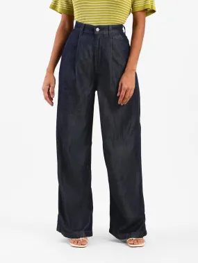 Essential Piece Streetwear Fan Evening Stroll Elegant Women's Blue Pleated Loose Straight Fit High Rise Jeans