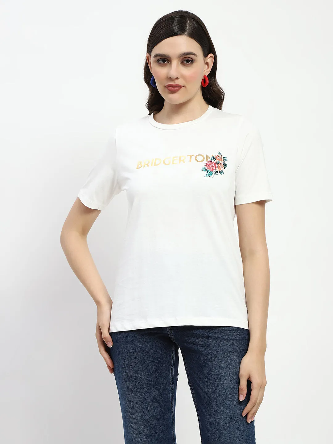 Madame Bridgerton Embossed Graphics White Cotton T-Shirt Seamless Edging