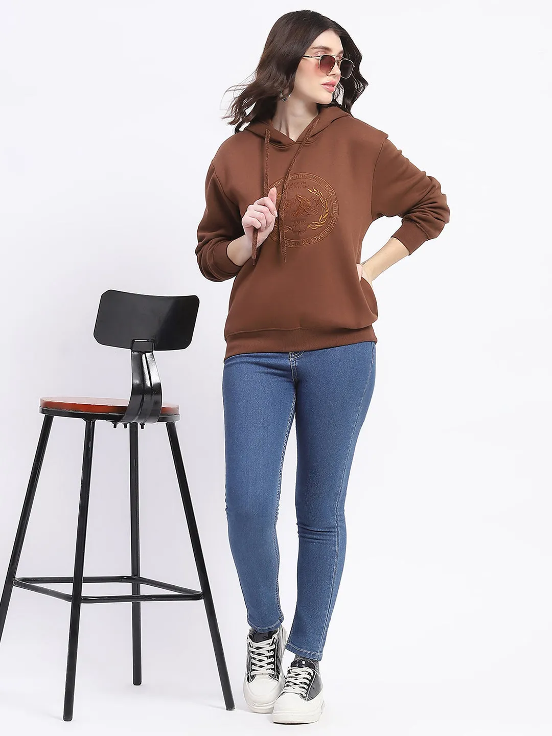 product eco friendly conscience Madame Fleece Embroidered Closed Brown Hooded Sweatshirt