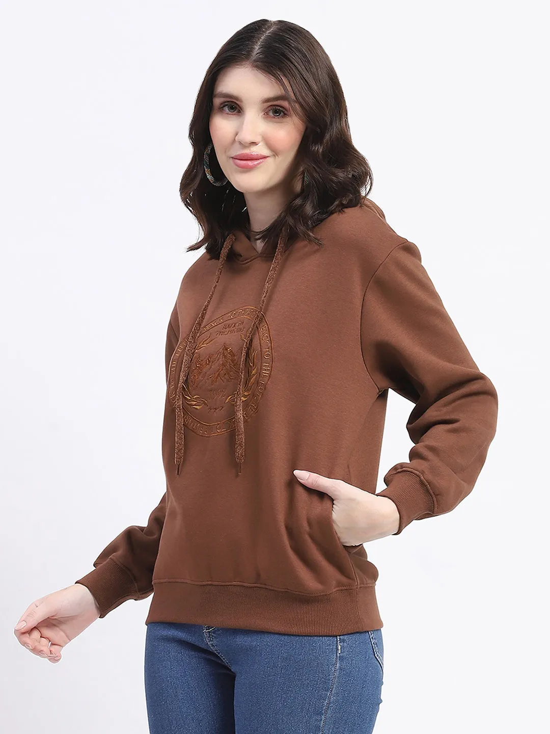 Madame Fleece Embroidered Closed Brown Hooded Sweatshirt Backpacking Essential