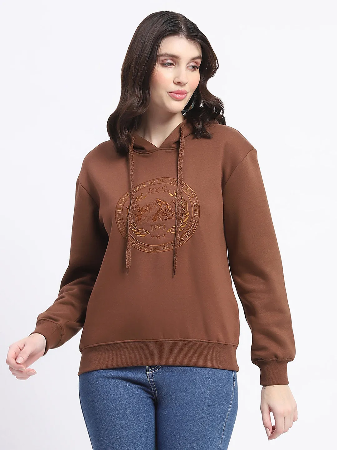 great for presents Madame Fleece Embroidered Closed Brown Hooded Sweatshirt