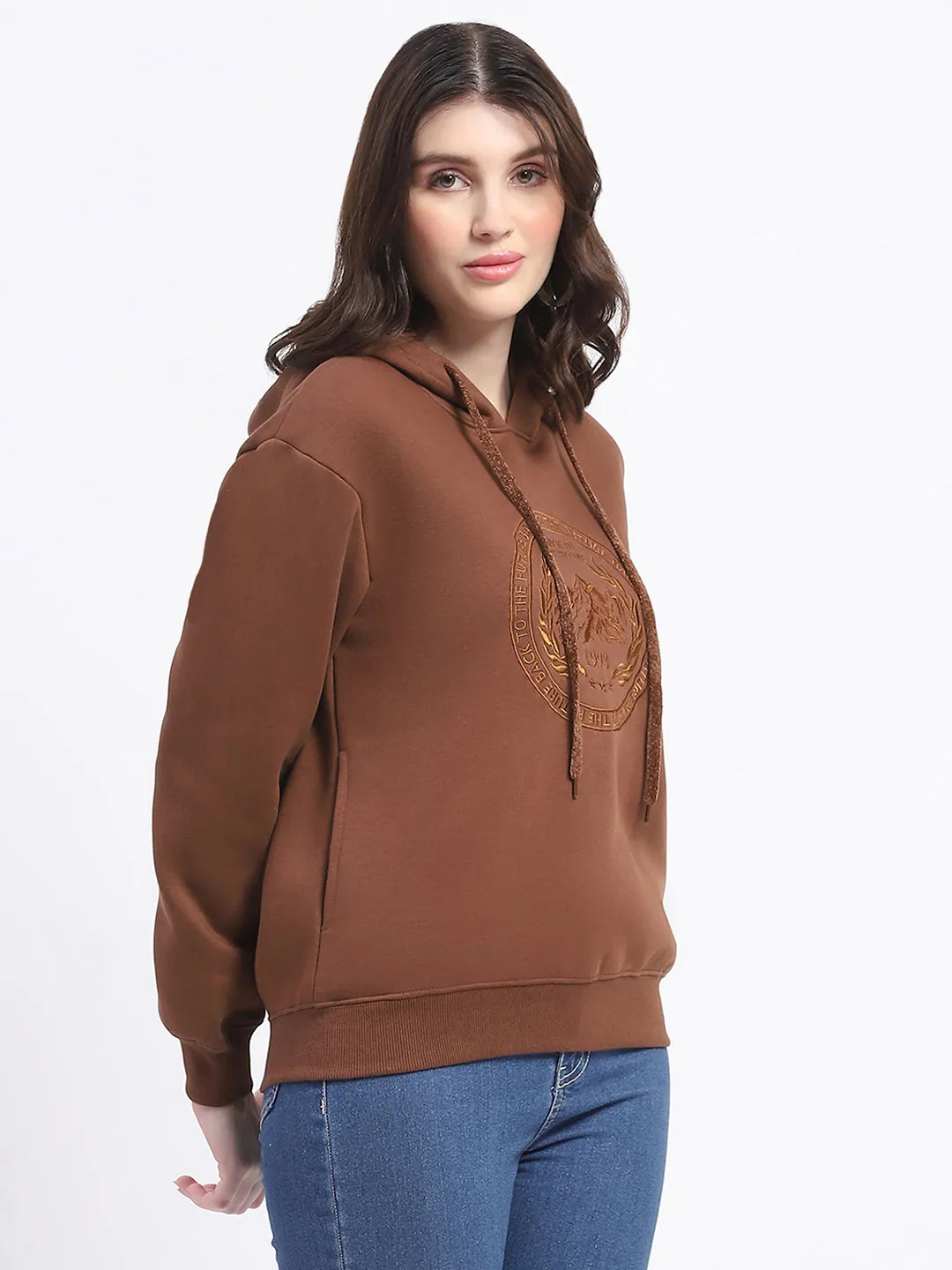 Core Relaxed performance test Madame Fleece Embroidered Closed Brown Hooded Sweatshirt