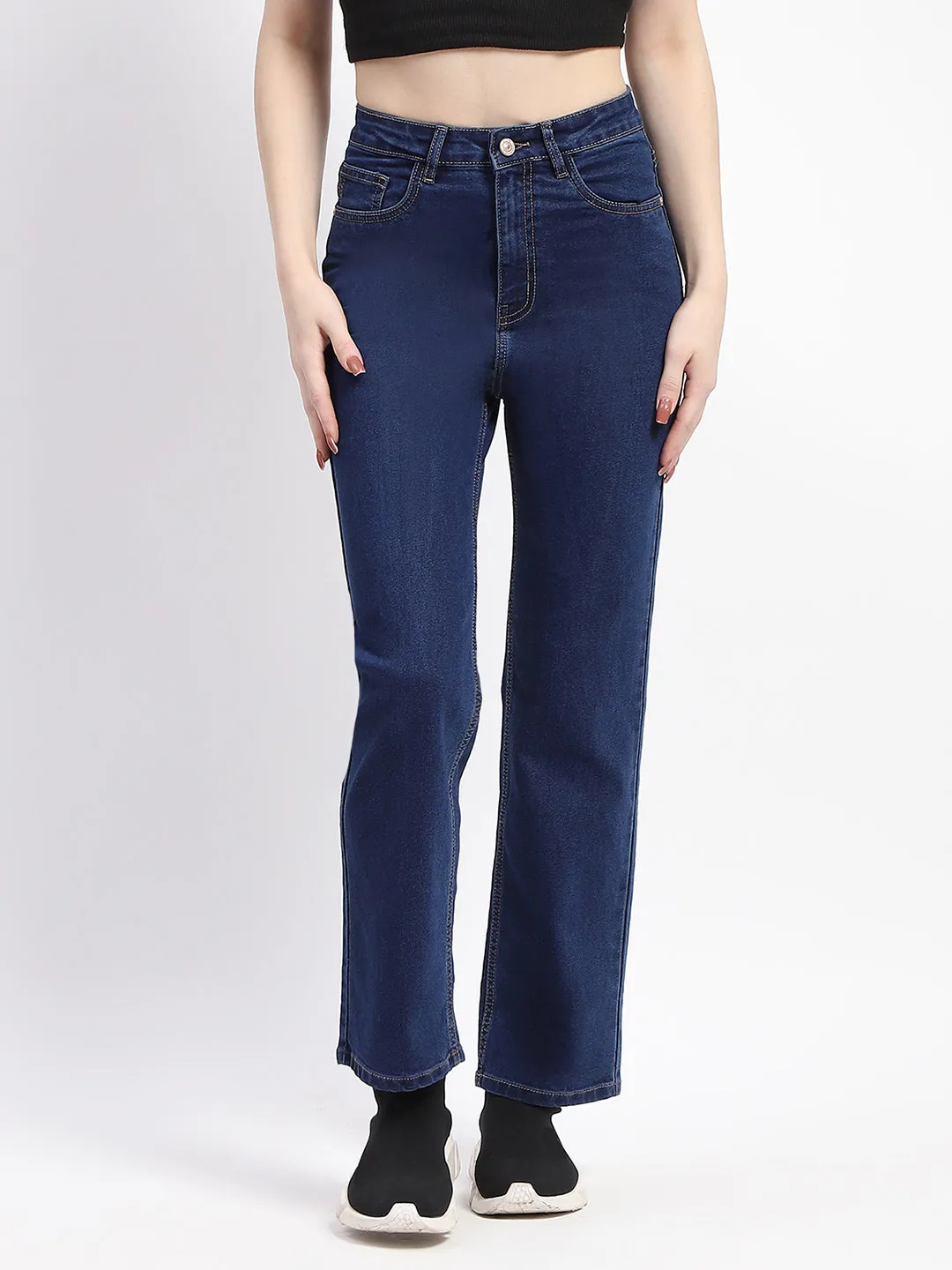 Madame Straight-Fit Dark Blue Cotton Denim Jeans Faded Wash