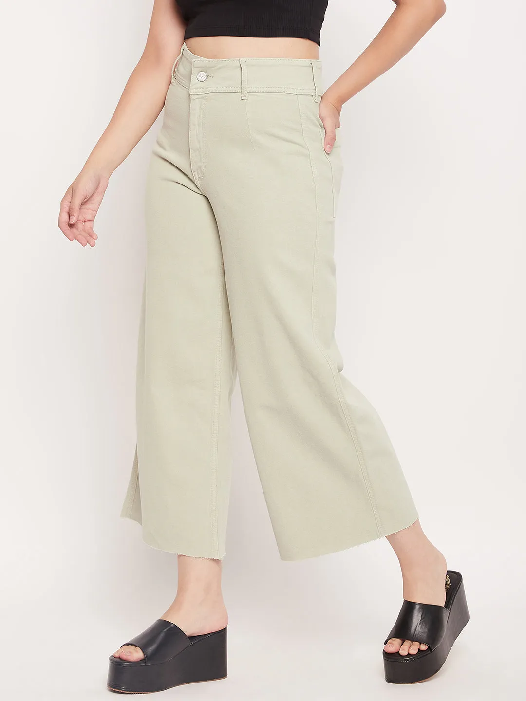 Madame Mint Green High Waist Wide Leg Ankle Length Jeans Winter Warmth Minimalist