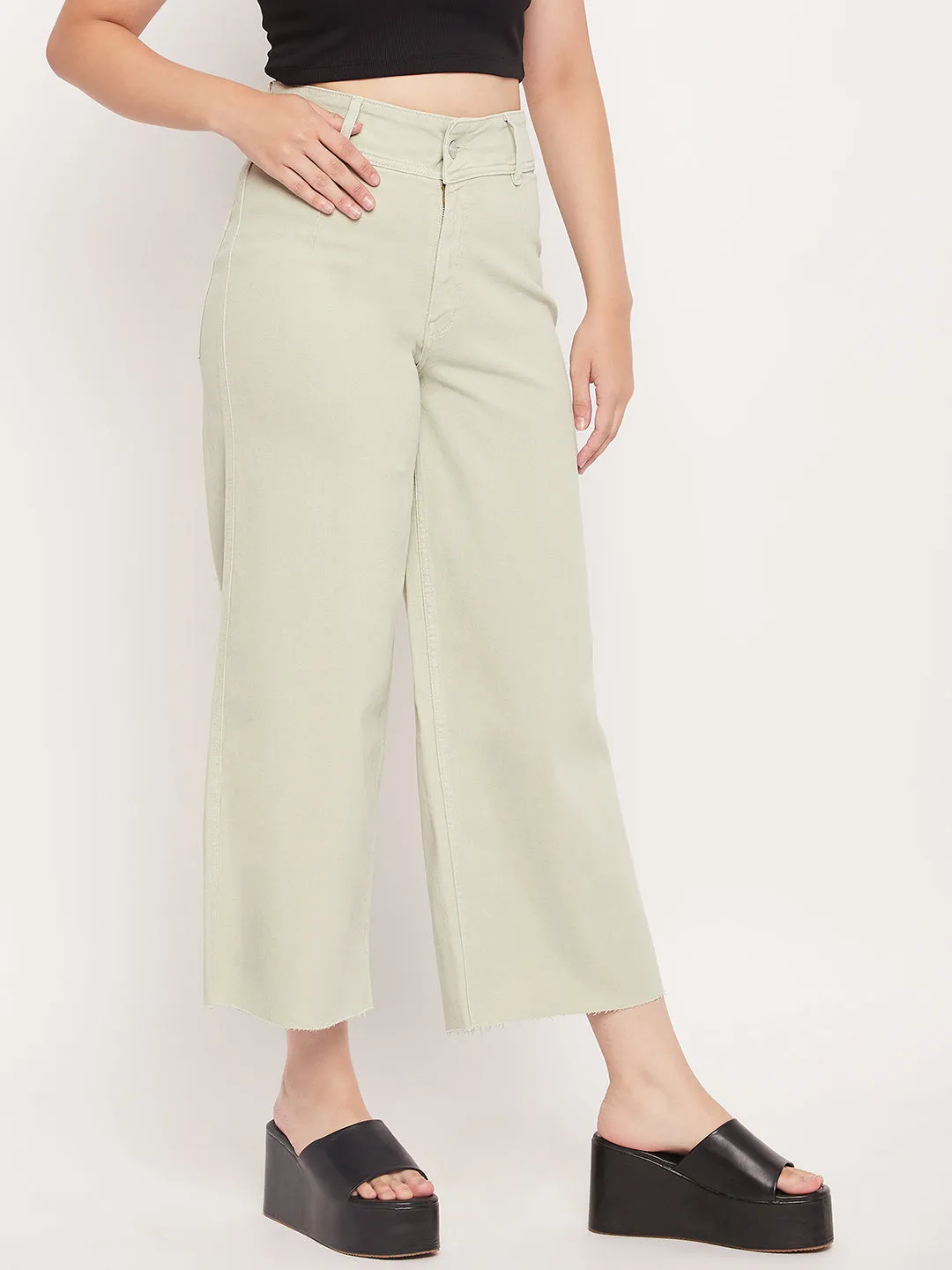 Classic Five Pocket Madame Mint Green High Waist Wide Leg Ankle Length Jeans