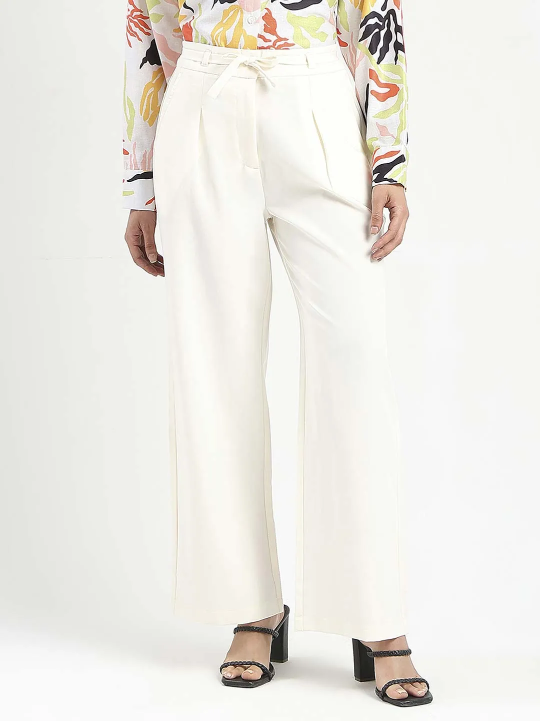 Seamless Technology Madame Drawstring Waist Straight Fit Ivory Trousers
