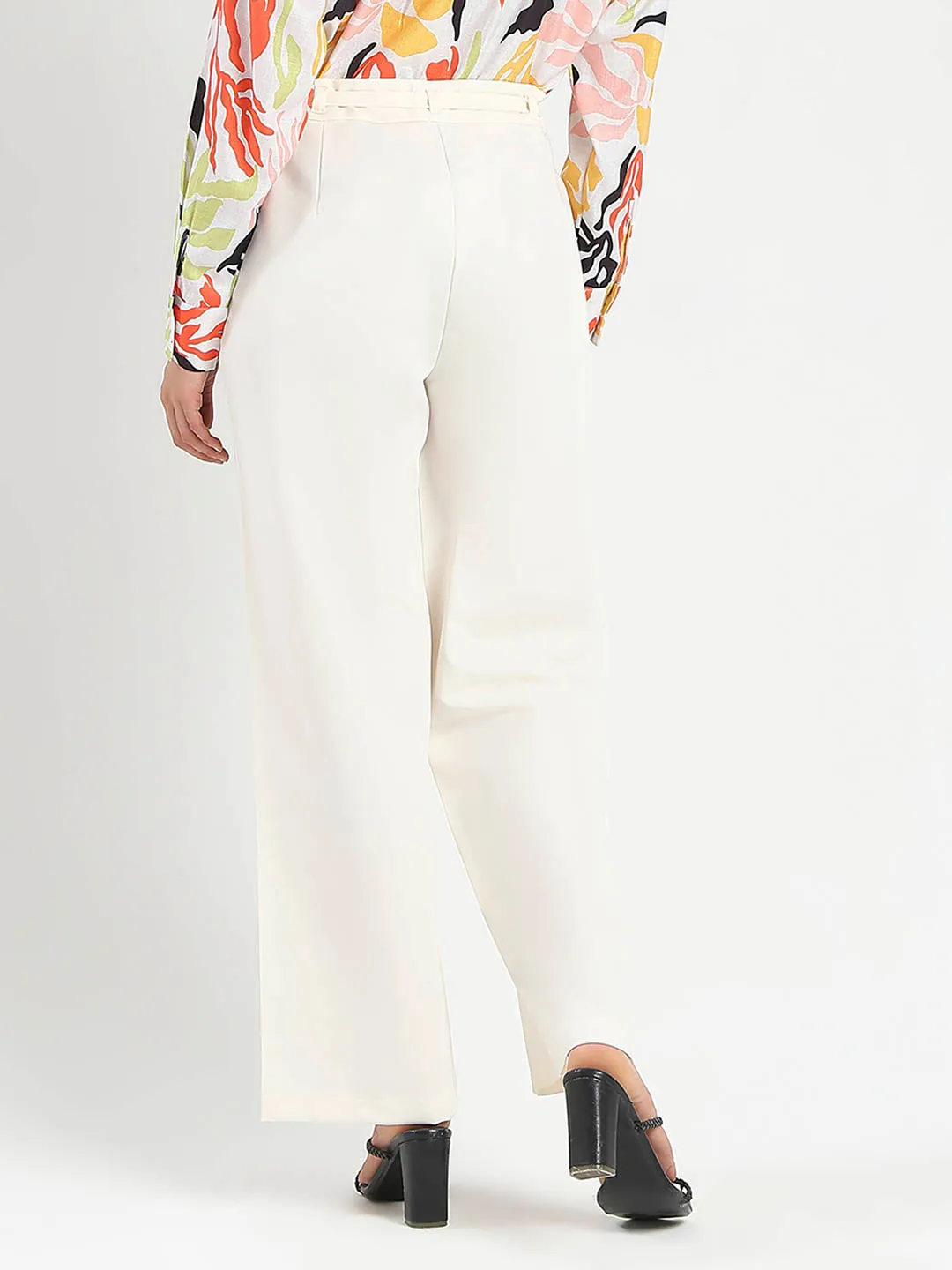 Secure Cuff Design Stretchable Comfort Madame Drawstring Waist Straight Fit Ivory Trousers