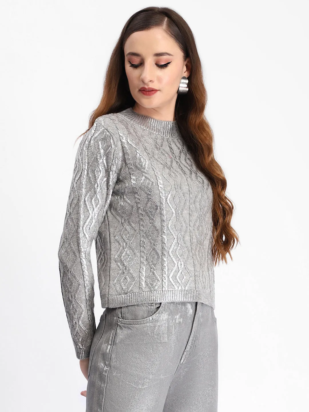 Madame Metallic Cable Knit Grey Sweater Casual Fashion