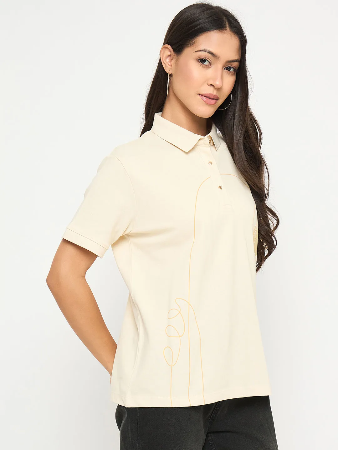 Stylish and Cozy Button Down Madame Botanical Print Beige Cotton Blend Polo T-shirt