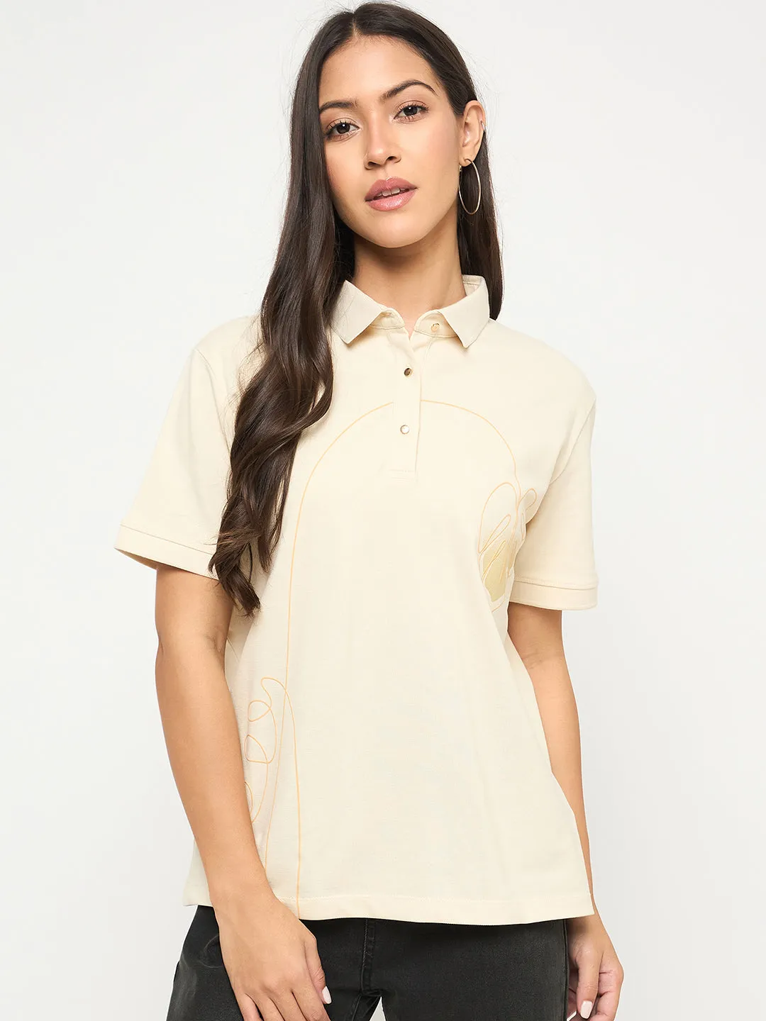 AdvancedMoistureManagement High Density Fabric Madame Botanical Print Beige Cotton Blend Polo T-shirt