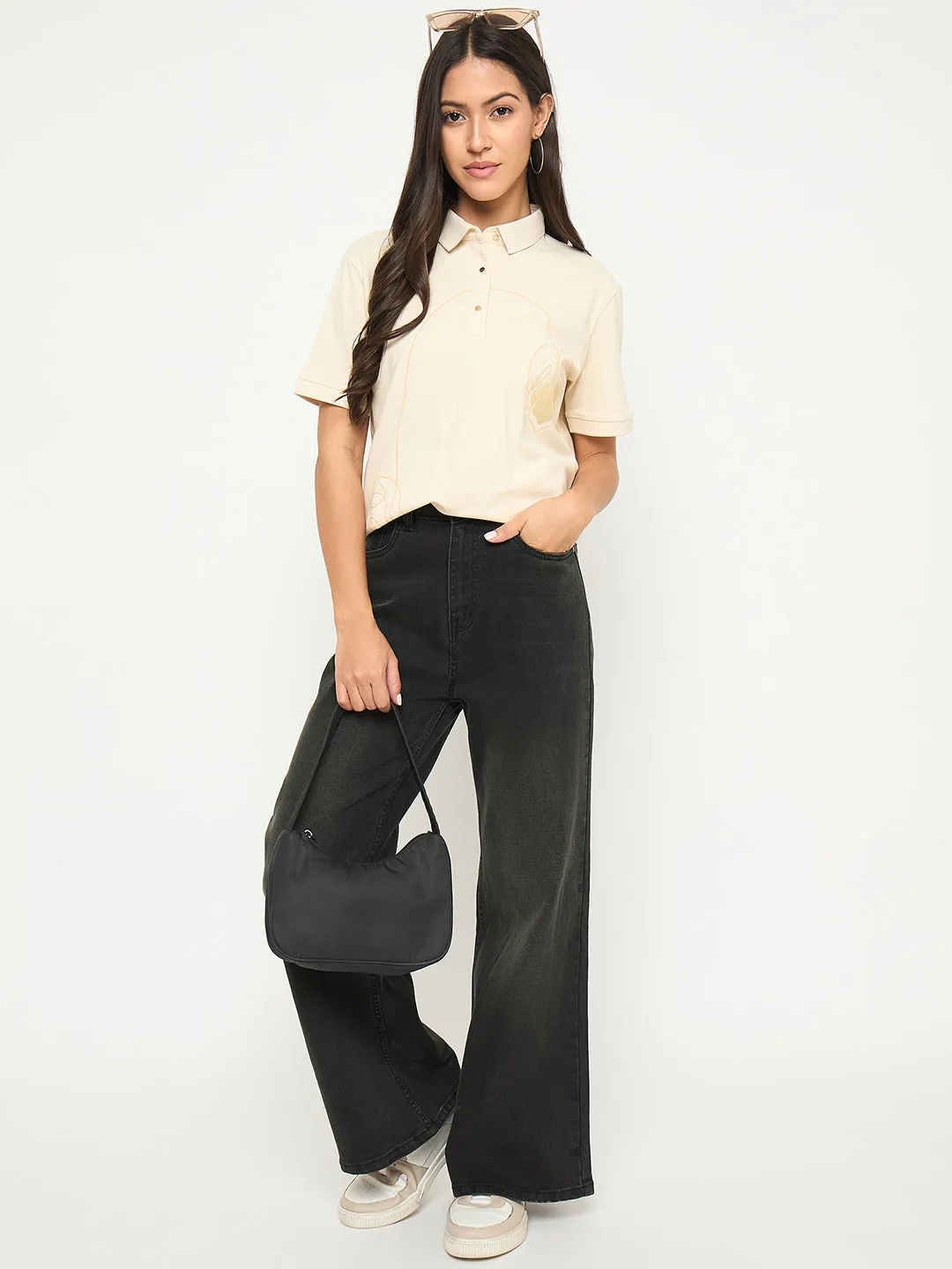 Clean Cut Versatile Outfit Madame Botanical Print Beige Cotton Blend Polo T-shirt