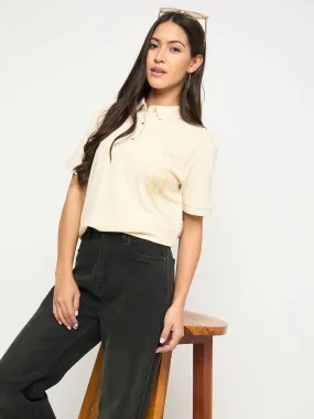 Casual Active Wear Madame Botanical Print Beige Cotton Blend Polo T-shirt