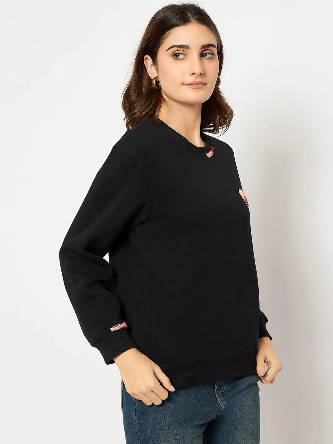Plus Fit Madame Fleece Patched Black Sweatshirt