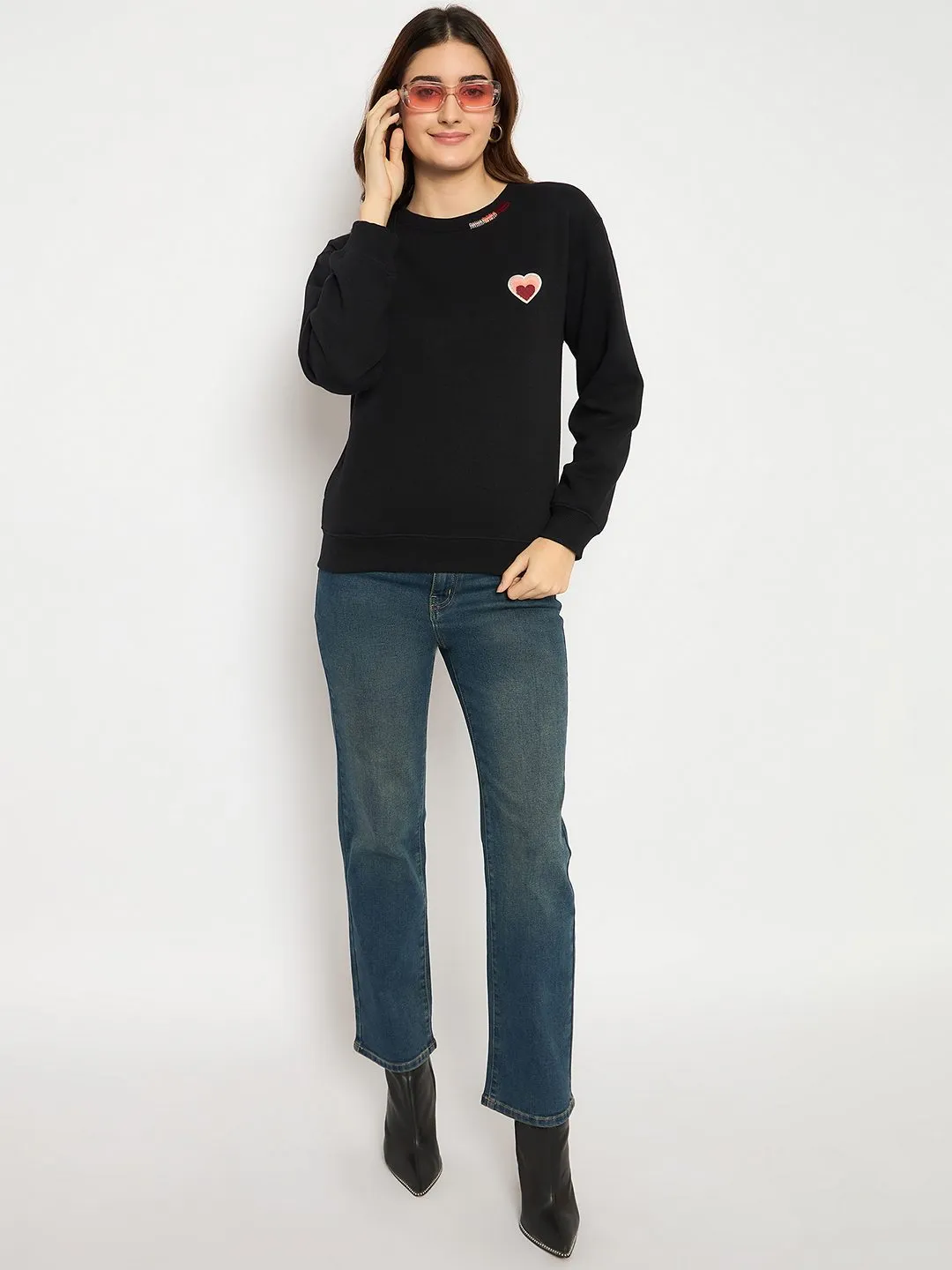 Madame Fleece Patched Black Sweatshirt Shrink resistant Versatile Hoodie