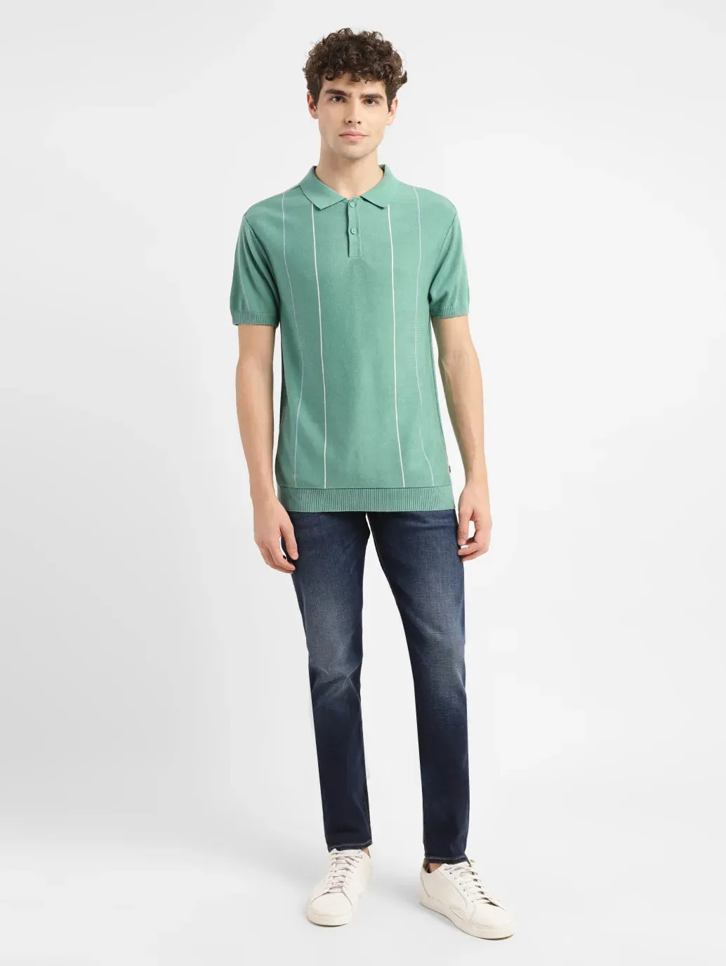 Men's Striped Green Polo Collar Sweater Cozy Fit EasyCare Woven Fabric