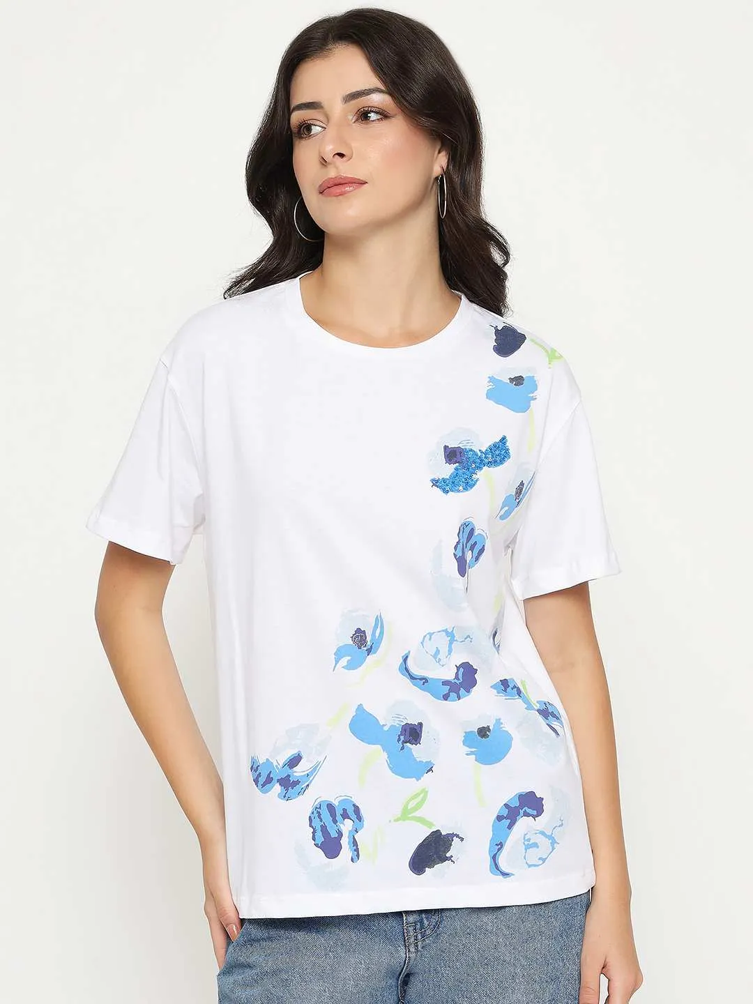 Layered Comfort Madame Abstract Print Half Sleeve White Cotton T-shirt