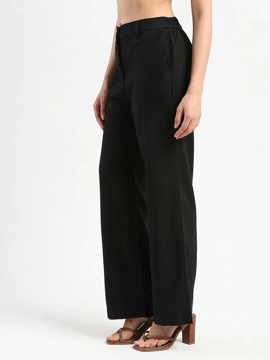 Madame Solid Black Wide Leg Rayon Blend Trousers Chic casual