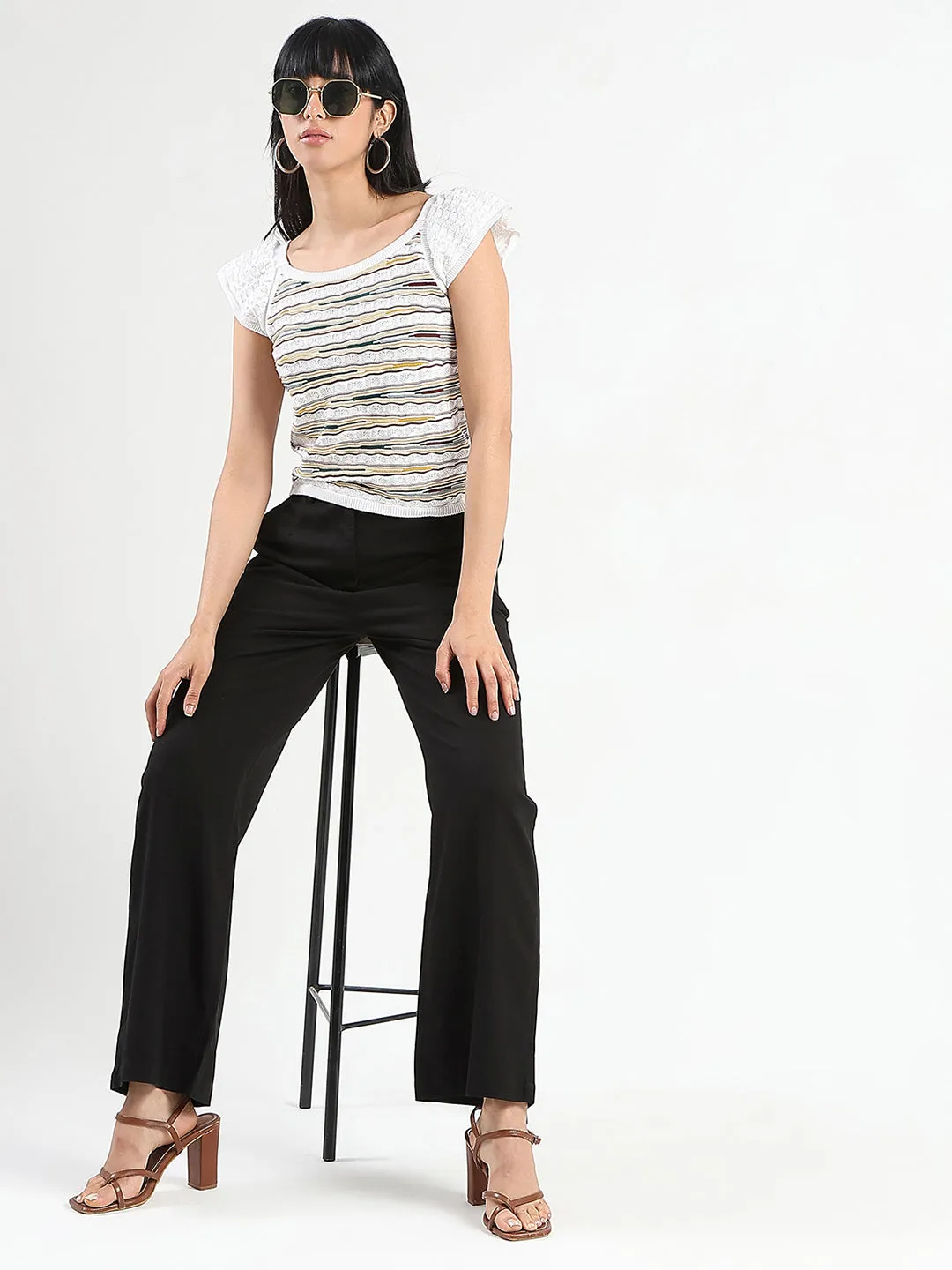 Madame Solid Black Wide Leg Rayon Blend Trousers Sport Ready Fit Easy Movement