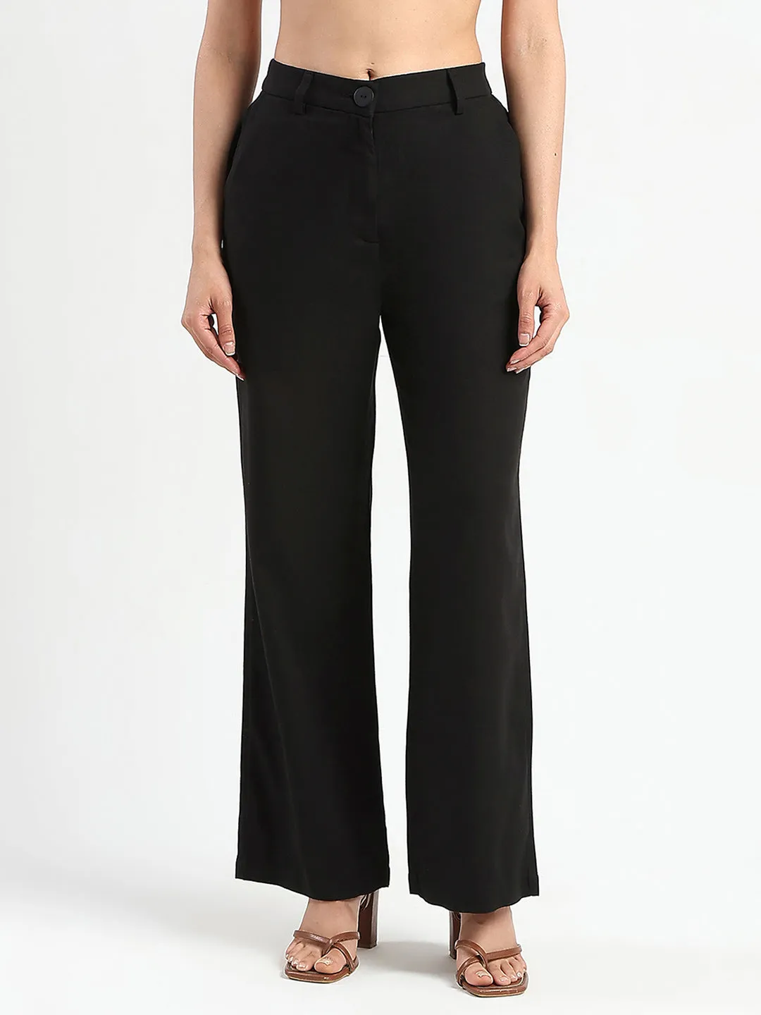 Lightweight Weave Madame Solid Black Wide Leg Rayon Blend Trousers
