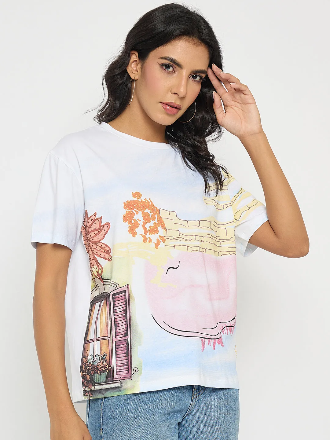 Madame All Over Print Cotton Blend White T-Shirt Seasonal Must-Have