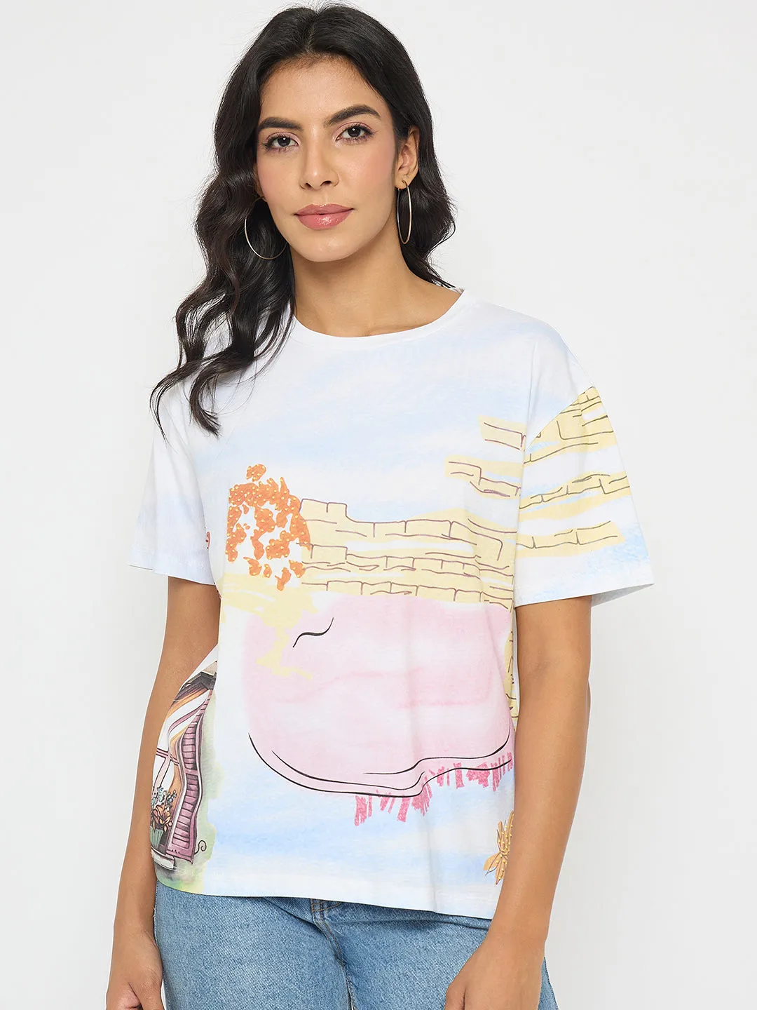 Bold and Comfortable Soft and durable Madame All Over Print Cotton Blend White T-Shirt