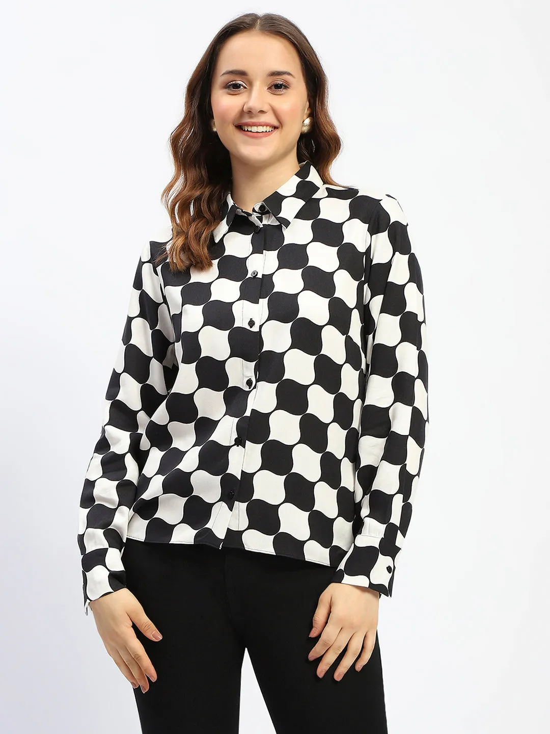 Layering Essential Madame Chessboard Print Black Viscose Shirt