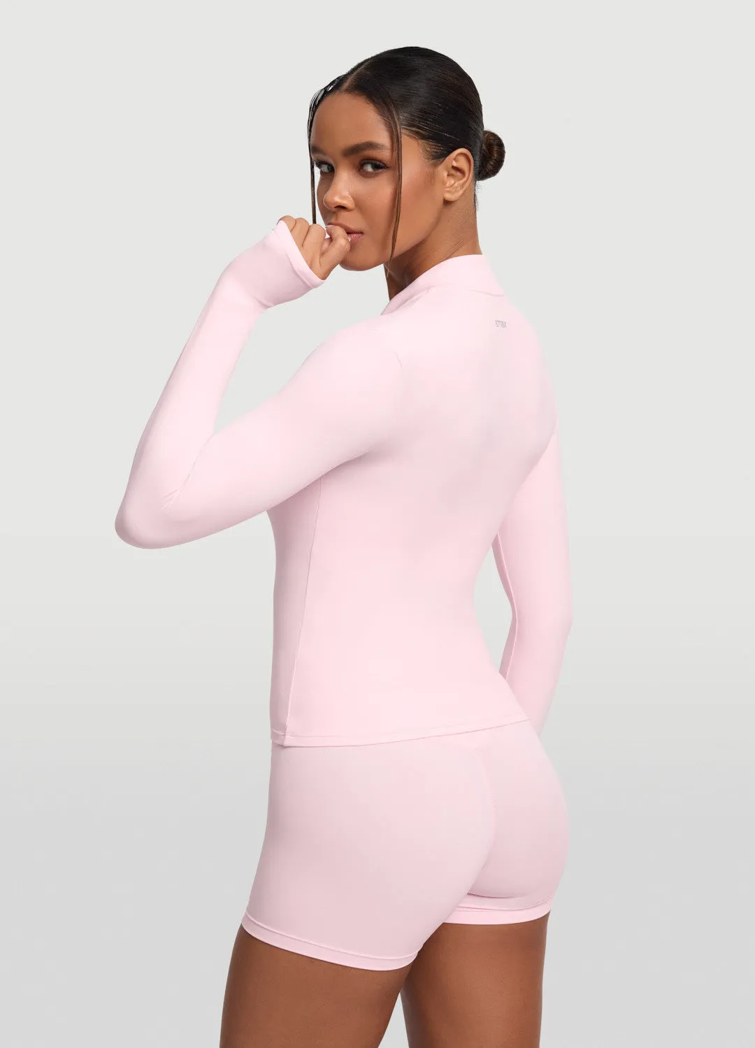 Microfiber texture Waist Belt Sleek Zip-Up Long Sleeve Jacket