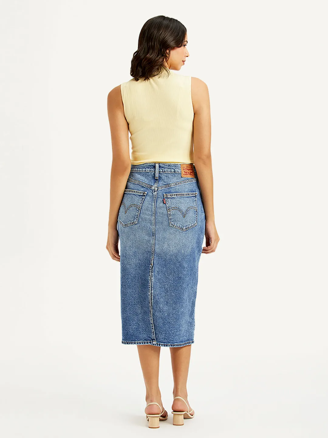 Women's High Rise Blue Straight Fit Skirt Elastic hemline Crisp Details