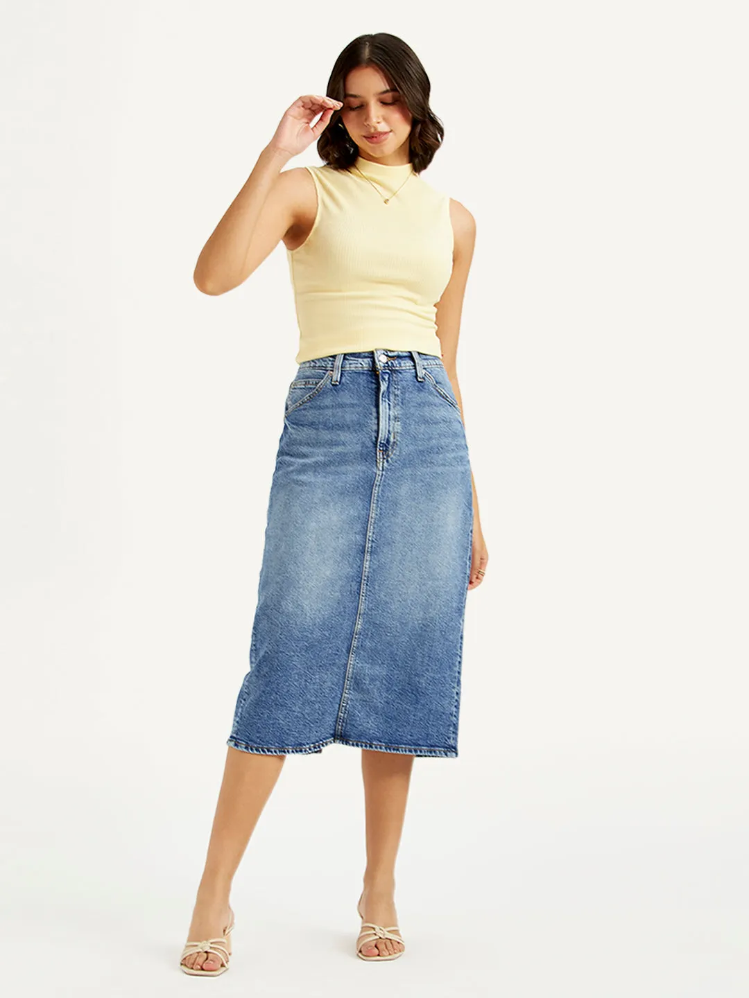 Women's High Rise Blue Straight Fit Skirt Sleek Motion