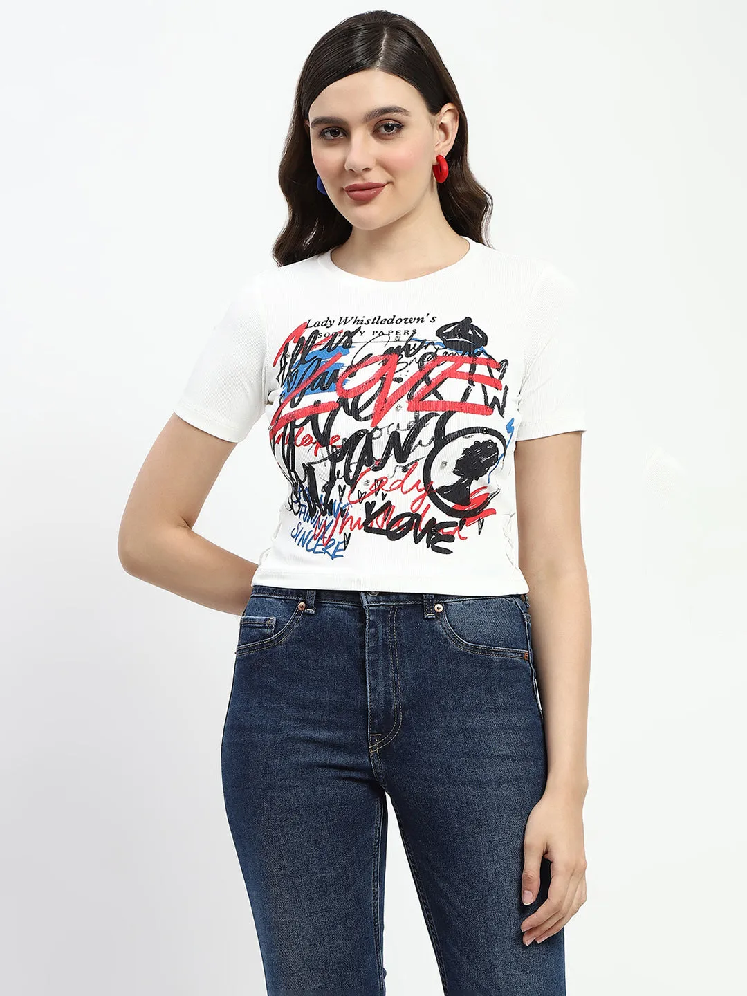 Madame Bridgerton Typography Printed Crystal Embellished White Cotton T-Shirt MoistureWicking