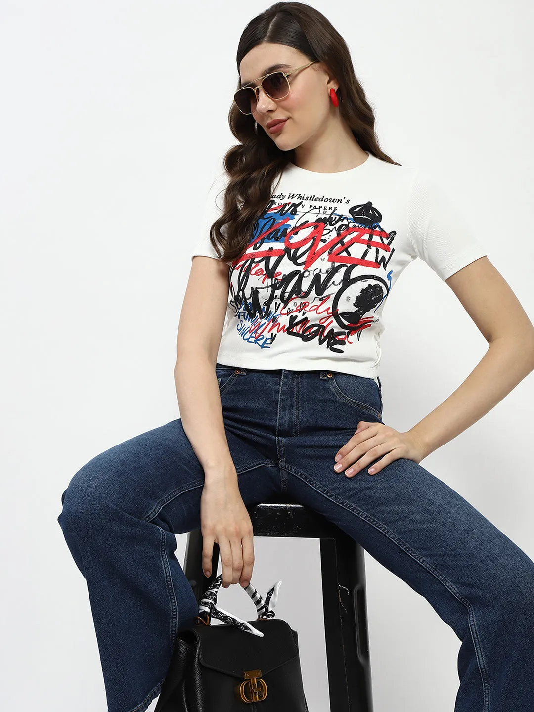 Madame Bridgerton Typography Printed Crystal Embellished White Cotton T-Shirt Cozy Wear Trendy Layering