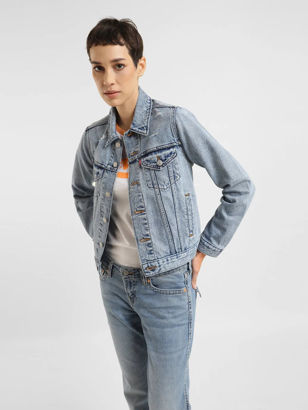 TemperatureRegulating Collapsible Packable Design Women's Solid Spread Collar Denim Jacket