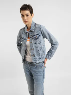 Women's Solid Spread Collar Denim Jacket Mild Weather
