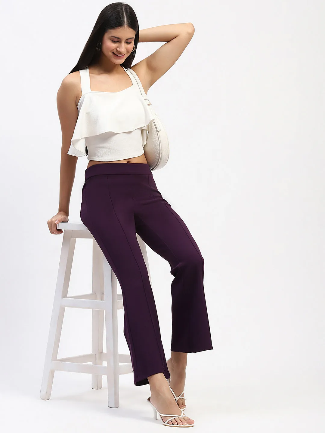 clean look Cozy Lining Madame Single Pleated Purple Flared Trousers