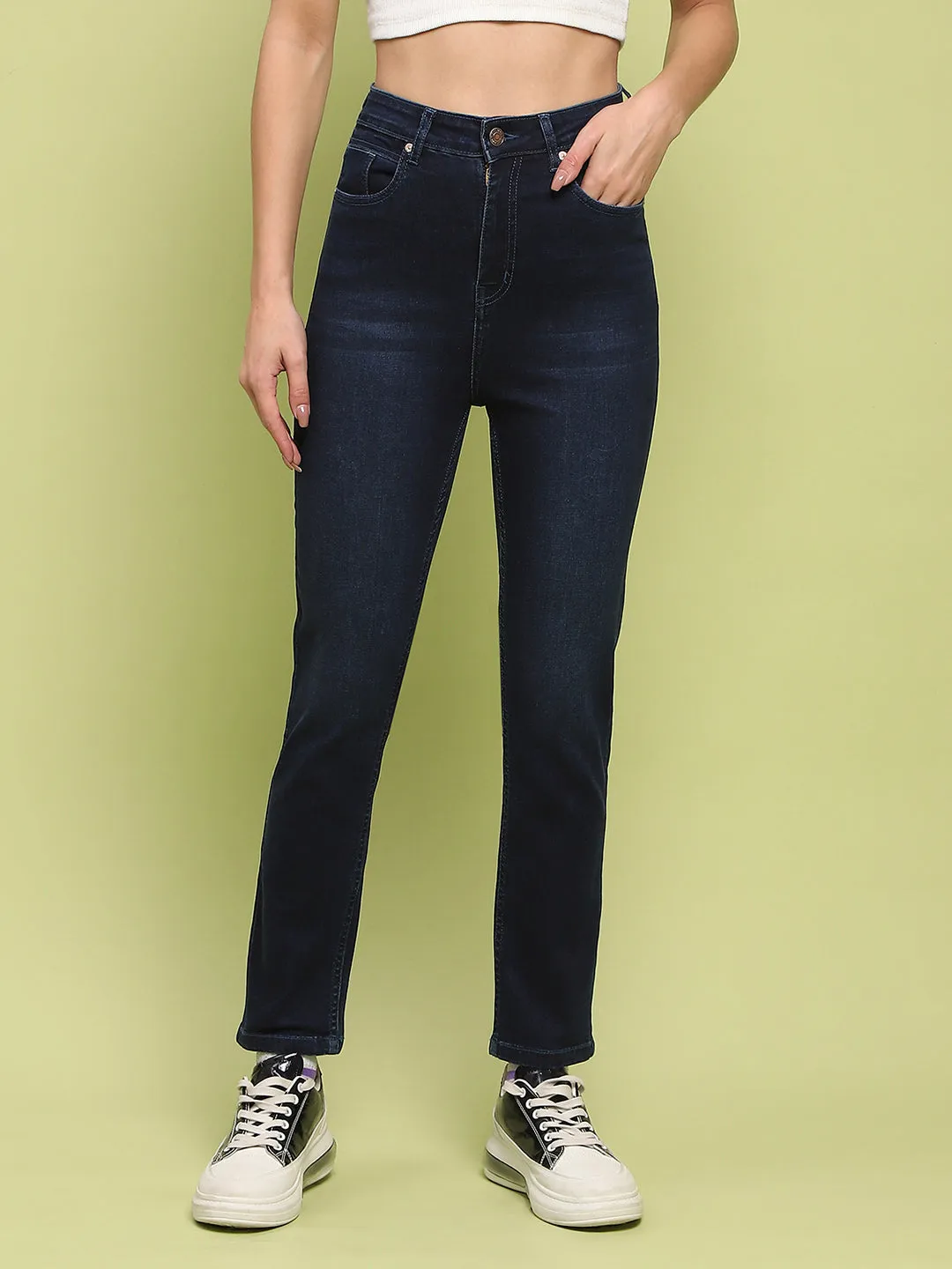 Madame Whiskered Dark Blue Cotton Denim Jeans Comfortable Style Flexible Waistband Construction