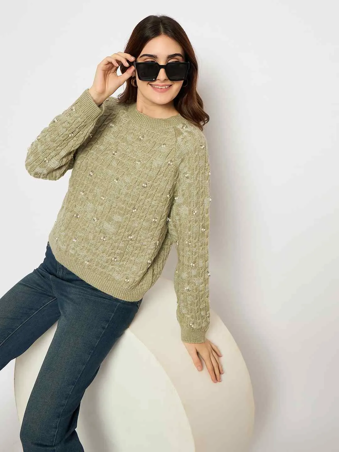 Ergonomic Sleeve Design Smart Fashion Madame Cable Knit Pearl Embellished Green Sweater